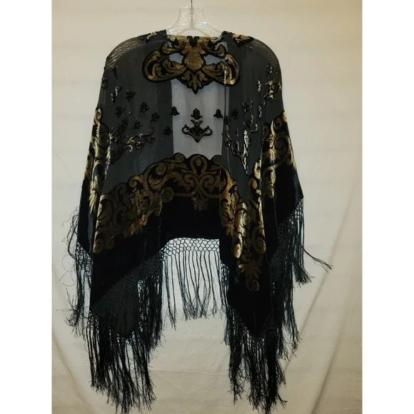 Michelann Original Whimsigoth Shawl Black Gold Burnout Velvet  Fringed Vintage - Picture 9 of 11